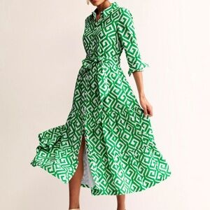 Boden NWT Womens Flo Cotton Preppy Midi Shirt Dress Size 12P Green Holiday Party
